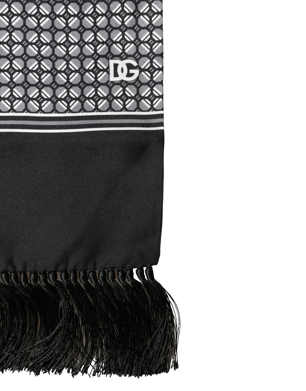 Dolce & Gabbana Black Silk Geometric Fringed Foulard 140cm x 15cm Scarf