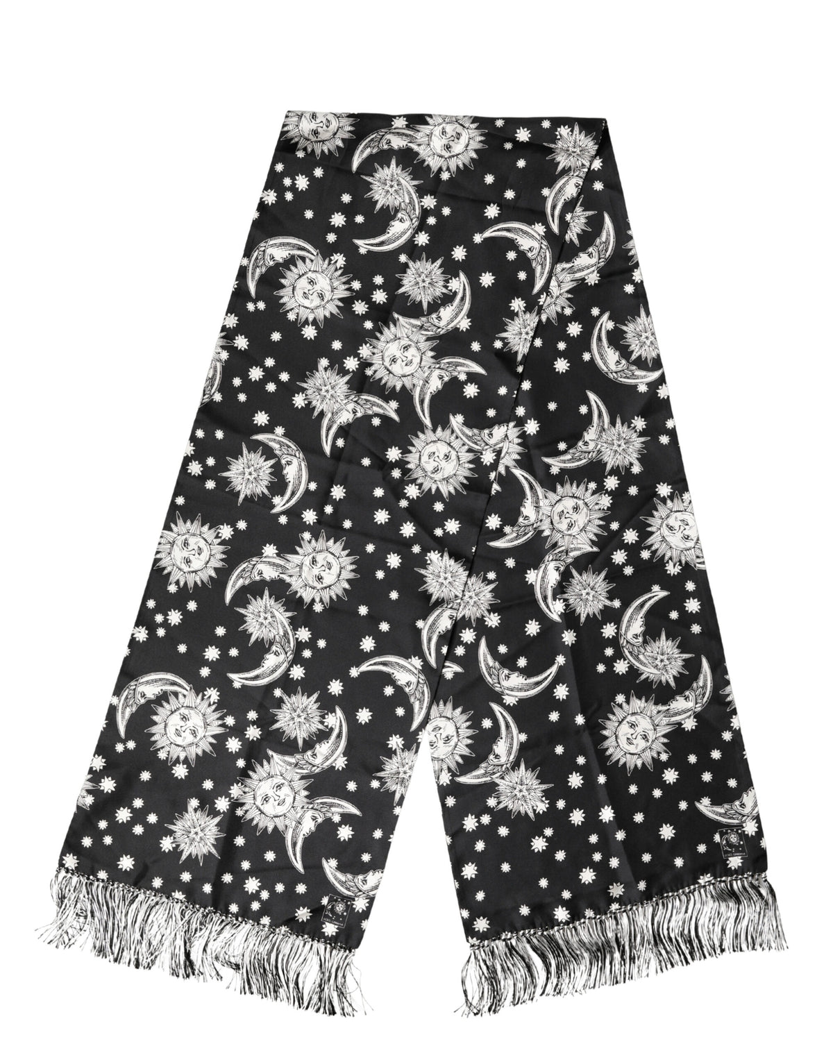 Dolce & Gabbana Black Silk Sun Moon Star Fringe Foulard 178cm X 33cm Scarf