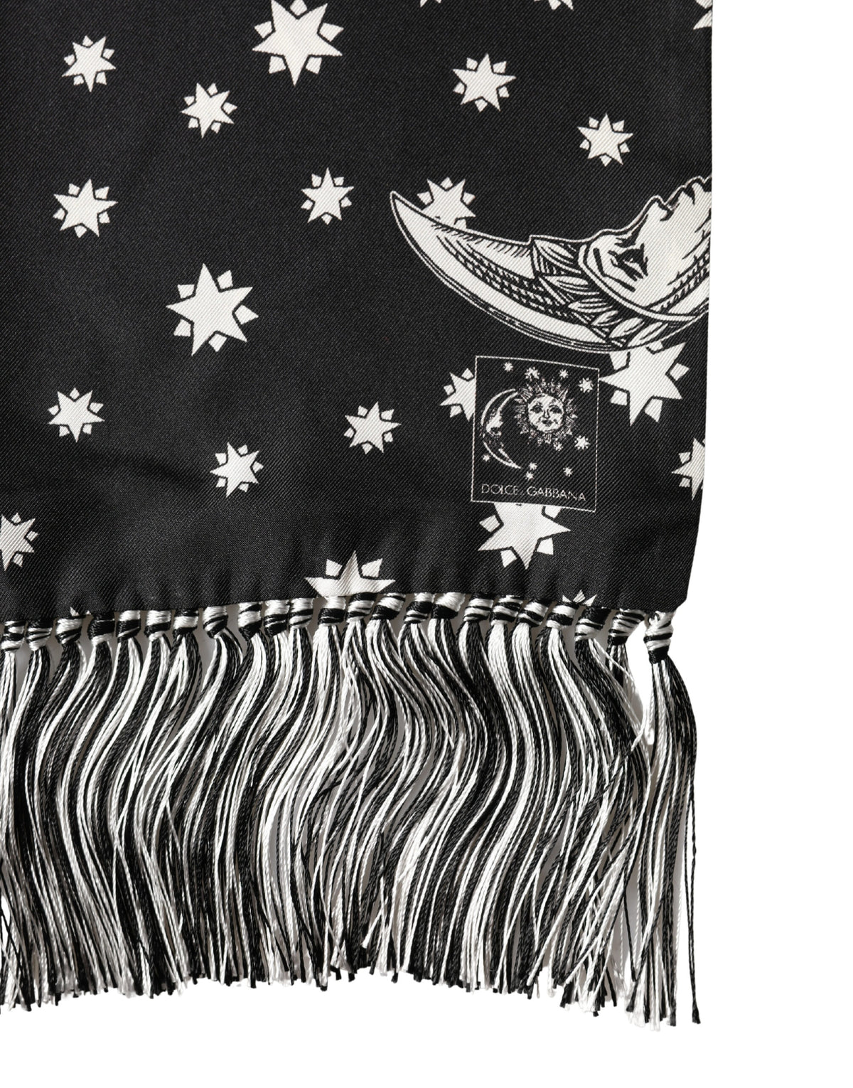 Dolce & Gabbana Black Silk Sun Moon Star Fringe Foulard 178cm X 33cm Scarf