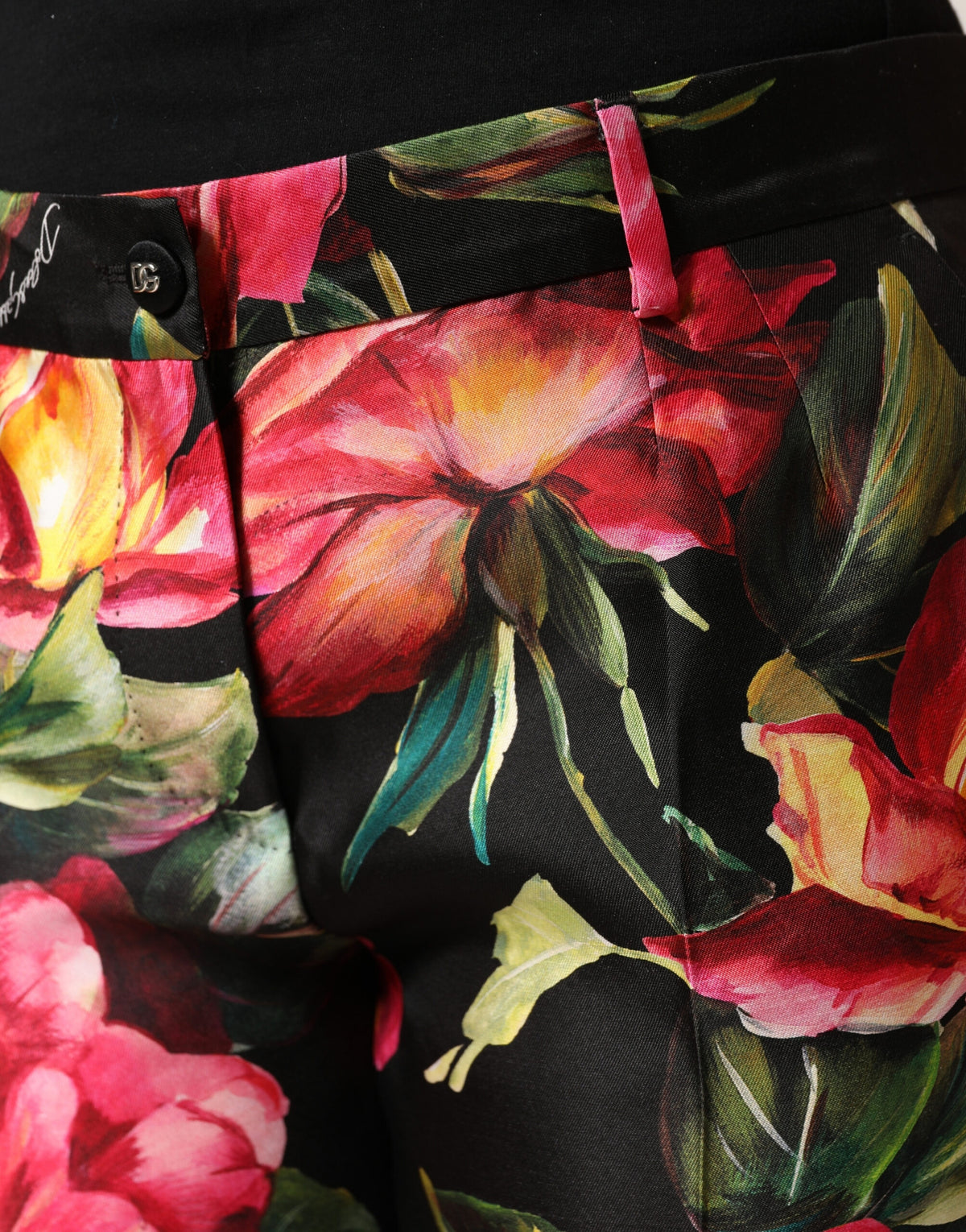 Dolce & Gabbana Black Floral Silk Mid Waist Tailored Trousers Pants