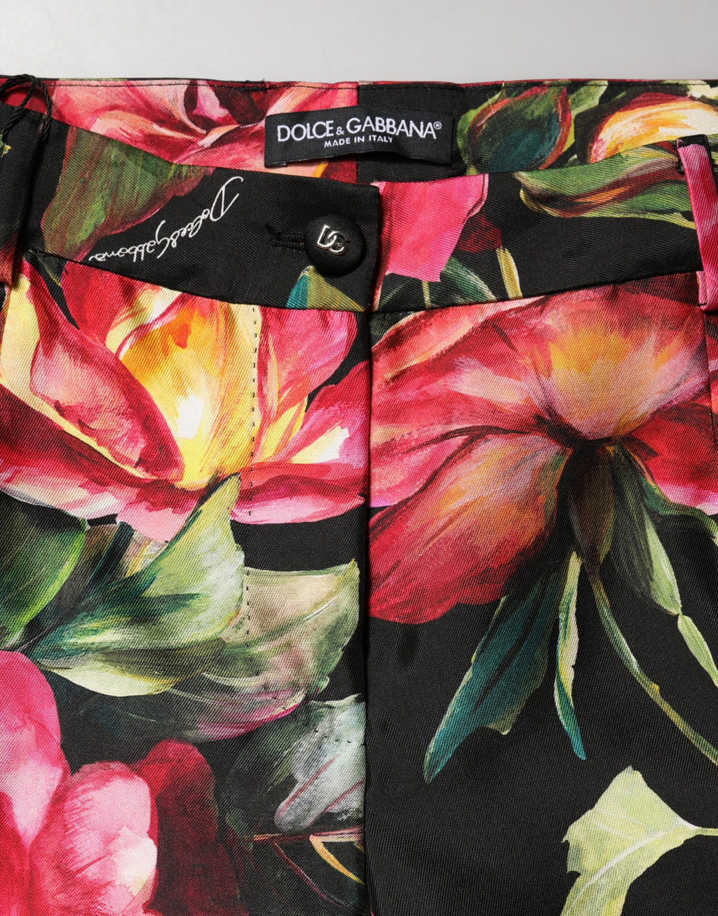 Dolce & Gabbana Black Floral Silk Mid Waist Tailored Trousers Pants