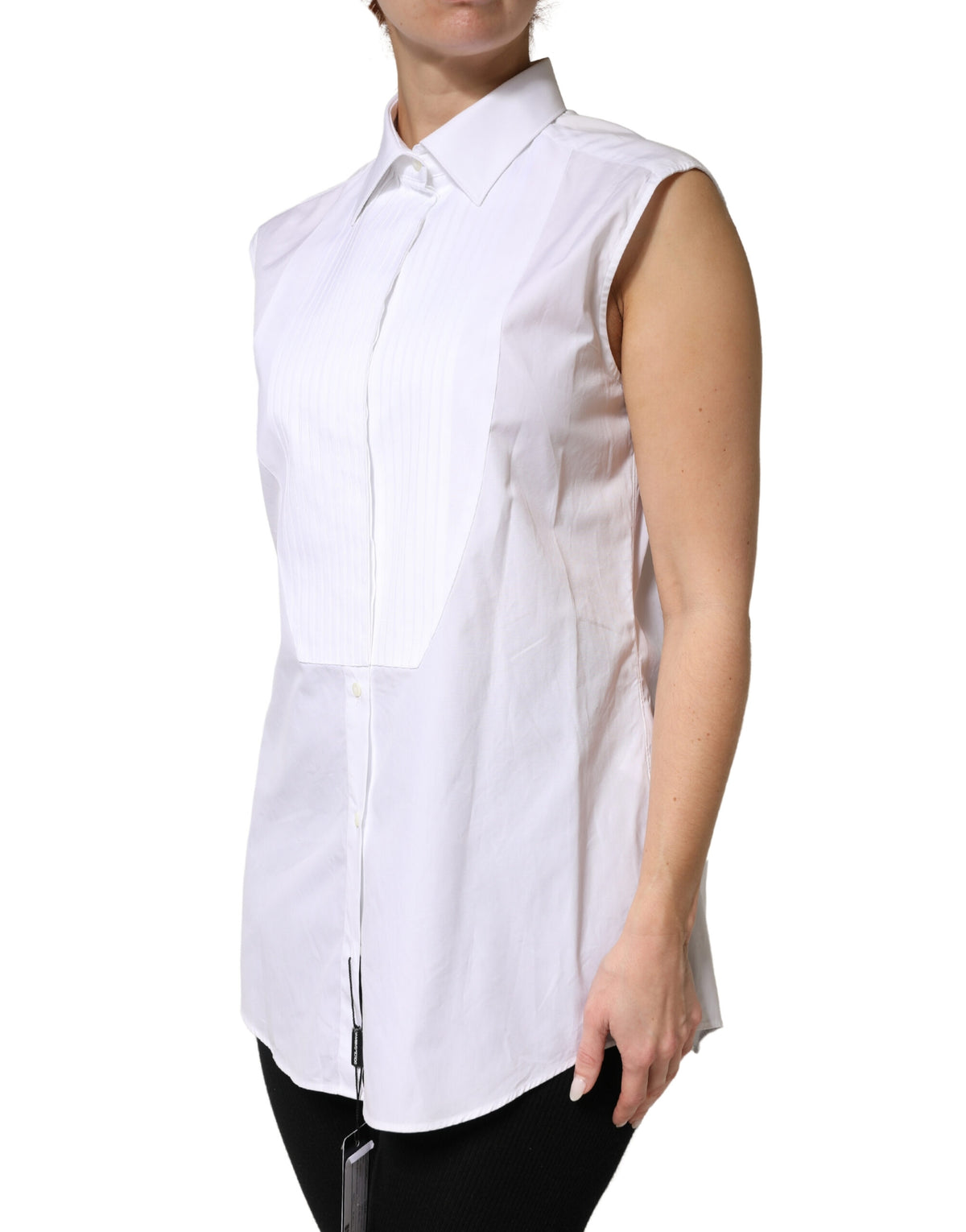 Dolce & Gabbana White Cotton Pleated Sleeveless Button Down Top