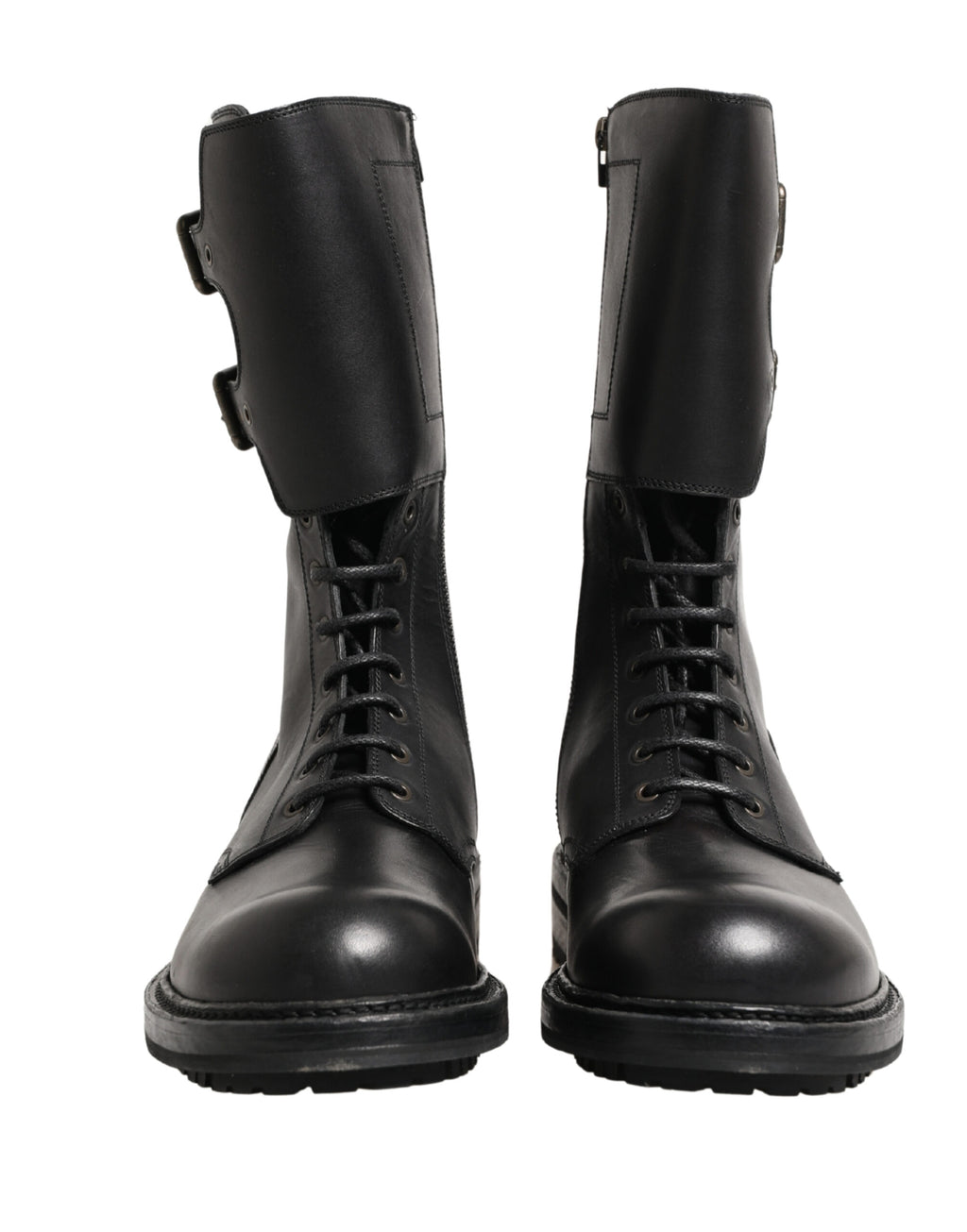 Dolce & Gabbana Black Leather Belted Buckle Combat Boots Shoes