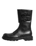 Dolce & Gabbana Black Leather Belted Buckle Combat Boots Shoes