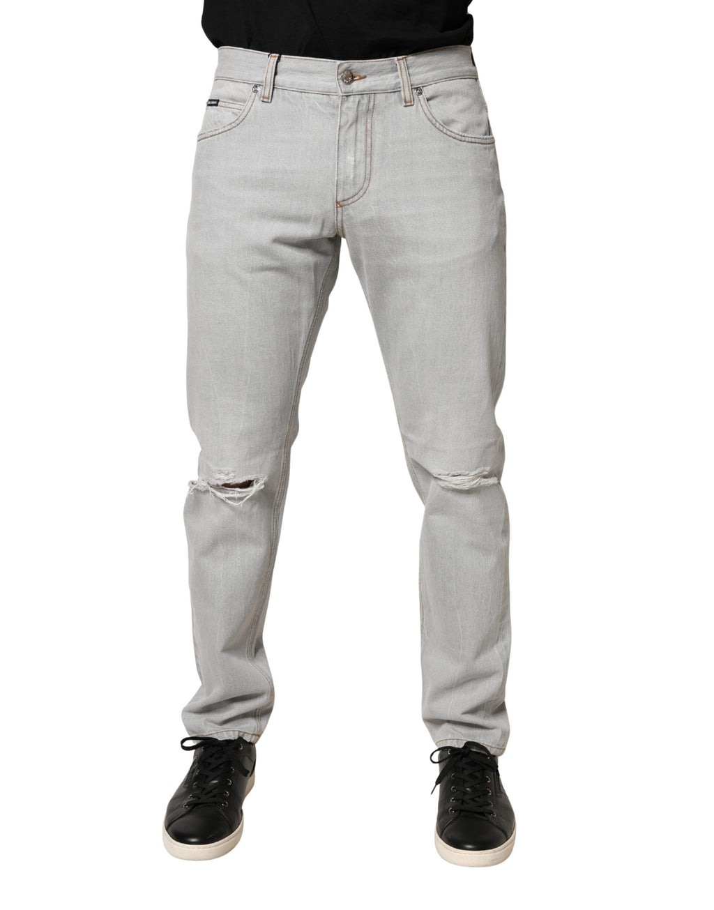 Dolce & Gabbana Light Gray Ripped Cotton Regular Denim Jeans