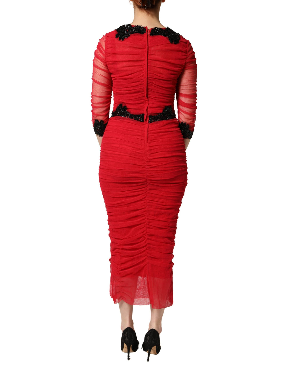 Dolce & Gabbana Red Mesh Trim Bodycon Sheath Midi Dress