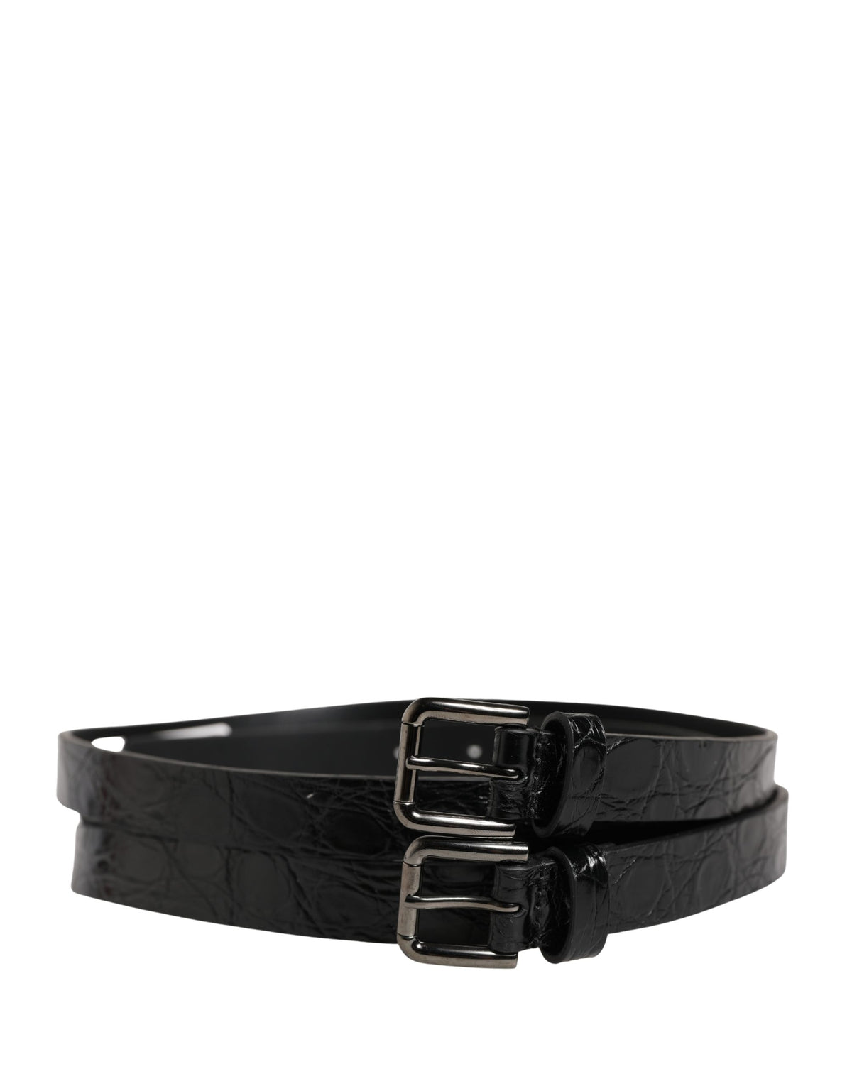 Dolce & Gabbana Black Double Strap Leather Silver Buckle Belt