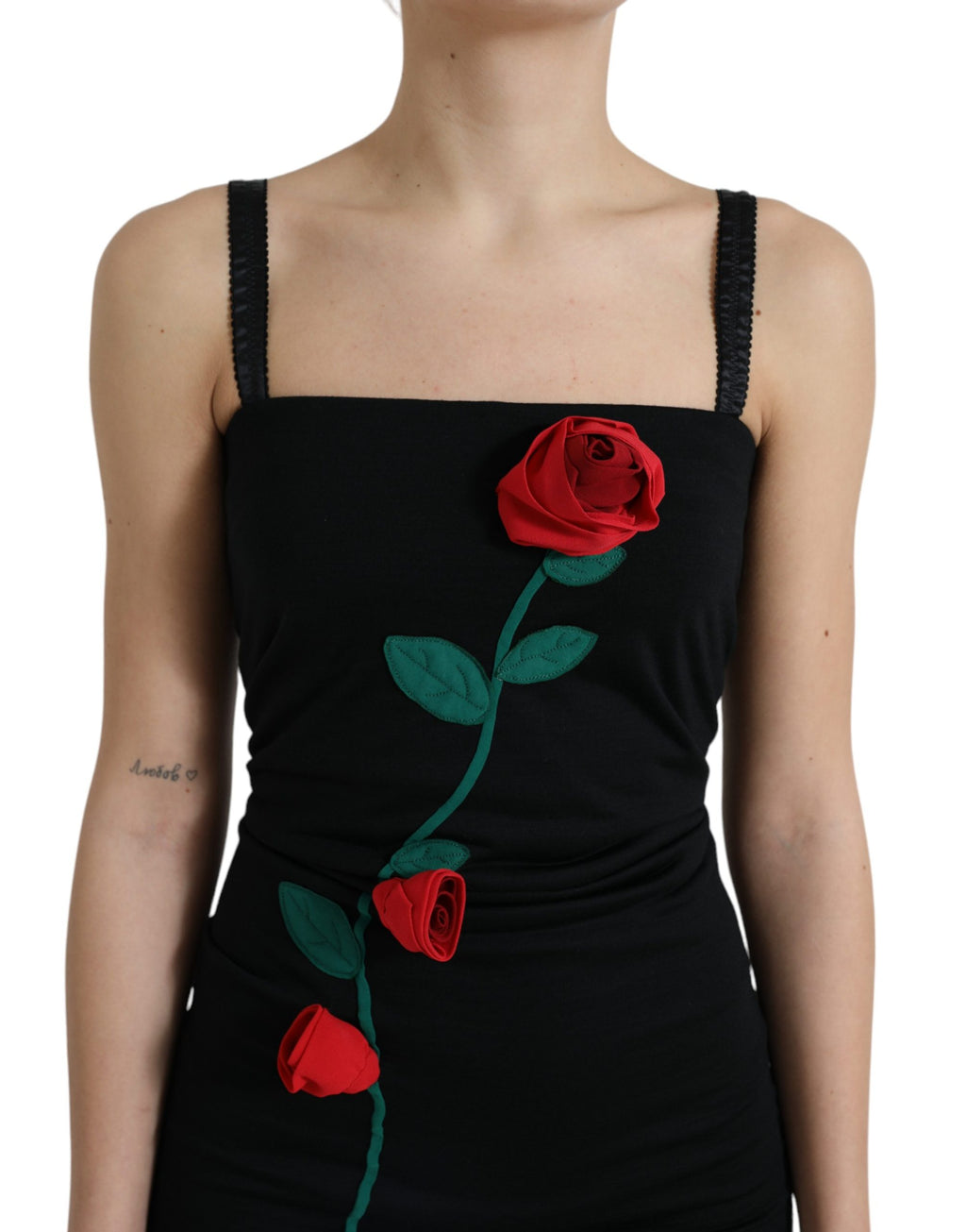 Dolce & Gabbana Black Wool Sleeveless Rose Applique Dress