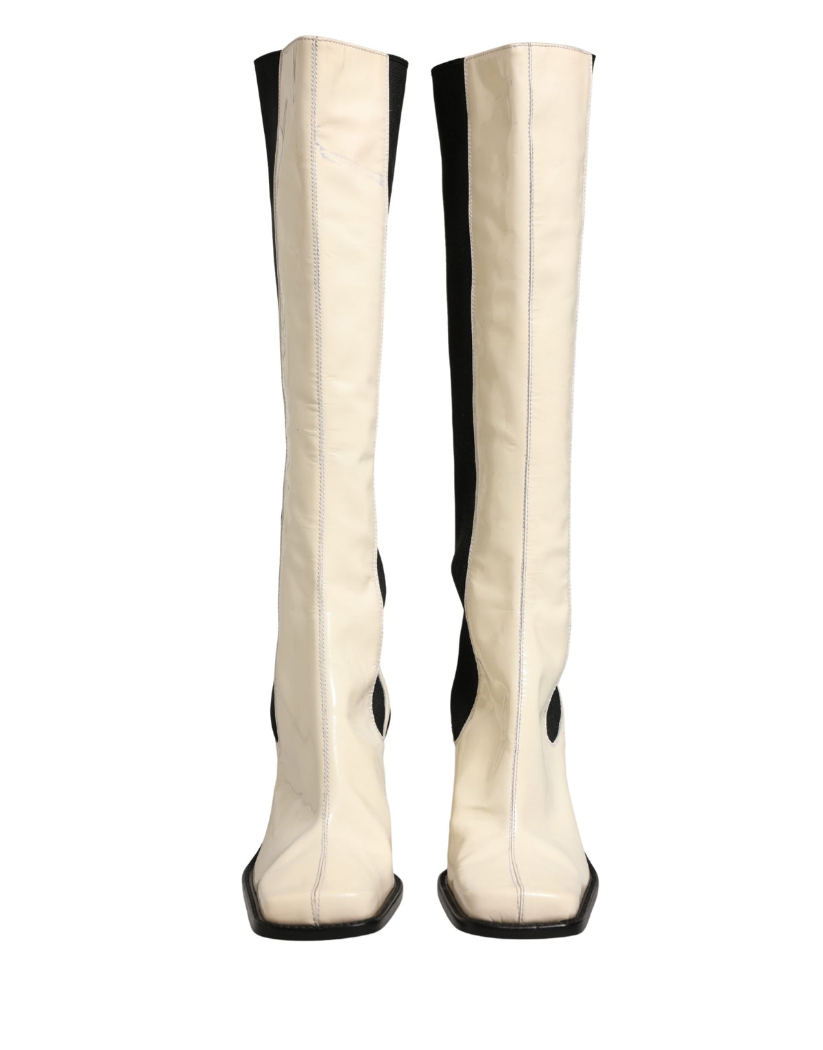 Dolce & Gabbana White Black Leather Knee High Boots Shoes