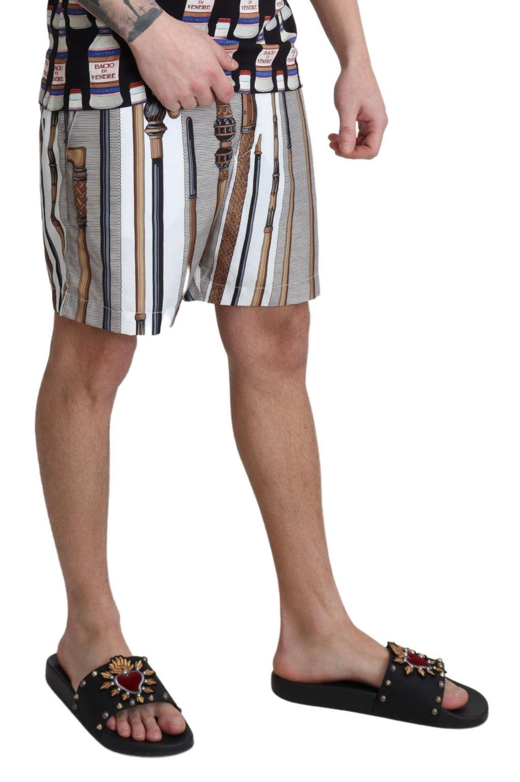 Dolce & Gabbana White Walking Stick Beachwear Shorts Swimshorts