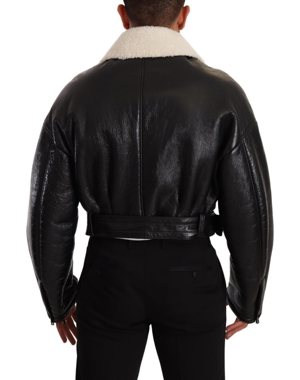 Dolce & Gabbana Black Leather Shearling Biker Coat Jacket