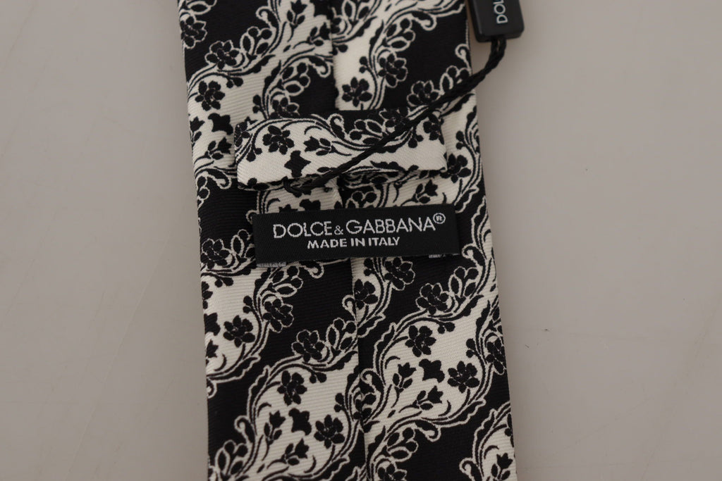 Dolce & Gabbana Black White Flower 100% Silk Print Adjustable Accessory Tie