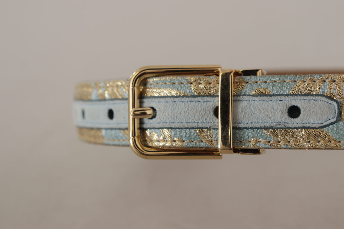 Dolce & Gabbana Blue Leather Jacquard Embossed Gold Metal Buckle Belt