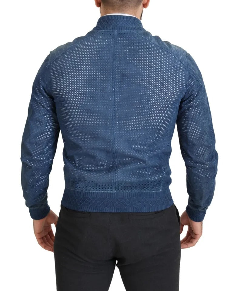 Dolce & Gabbana Blue Leather Perforated Full Zip Jacket