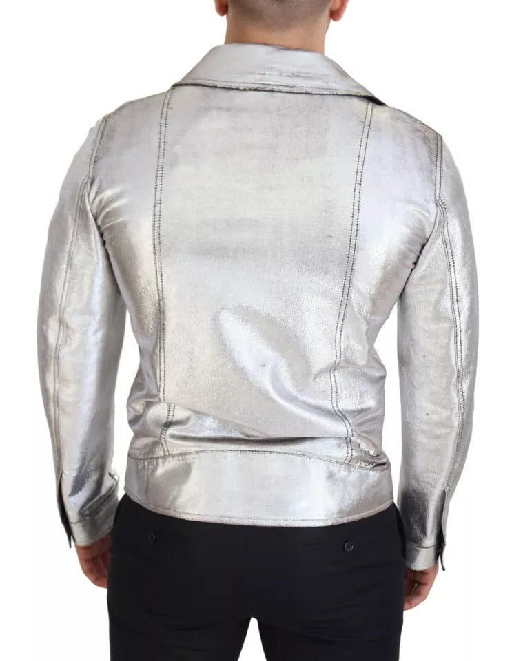 Dolce & Gabbana Silver Leather Biker Coat Lambskin Jacket