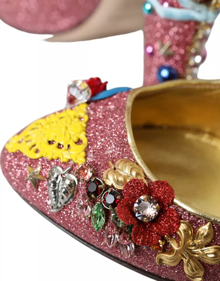 Dolce & Gabbana Pink Embellished Fur Mary Jane Pumps Shoes