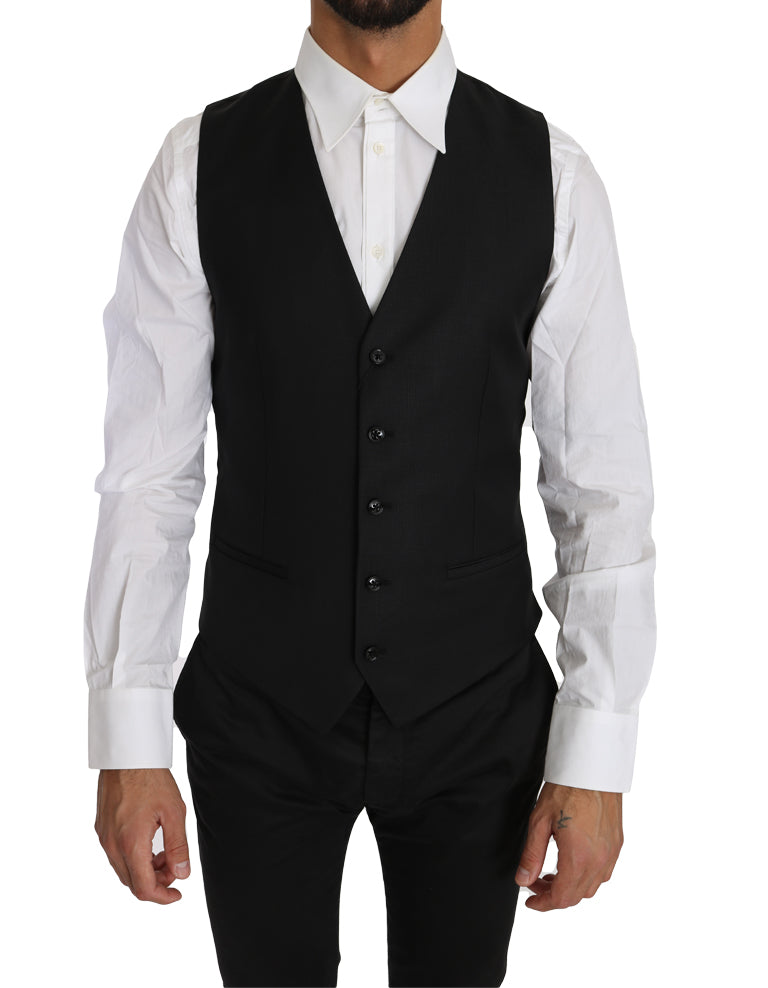 Dolce & Gabbana Black Solid Wool Silk Waistcoat Vest