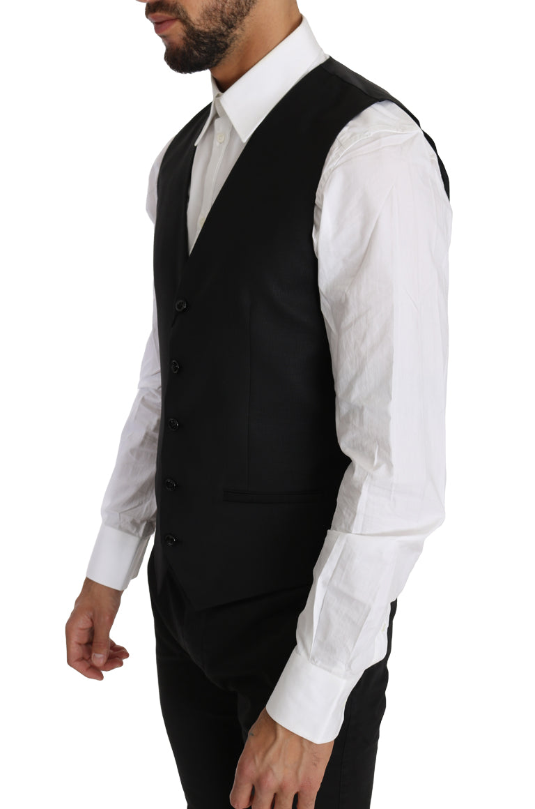 Dolce & Gabbana Black Solid Wool Silk Waistcoat Vest