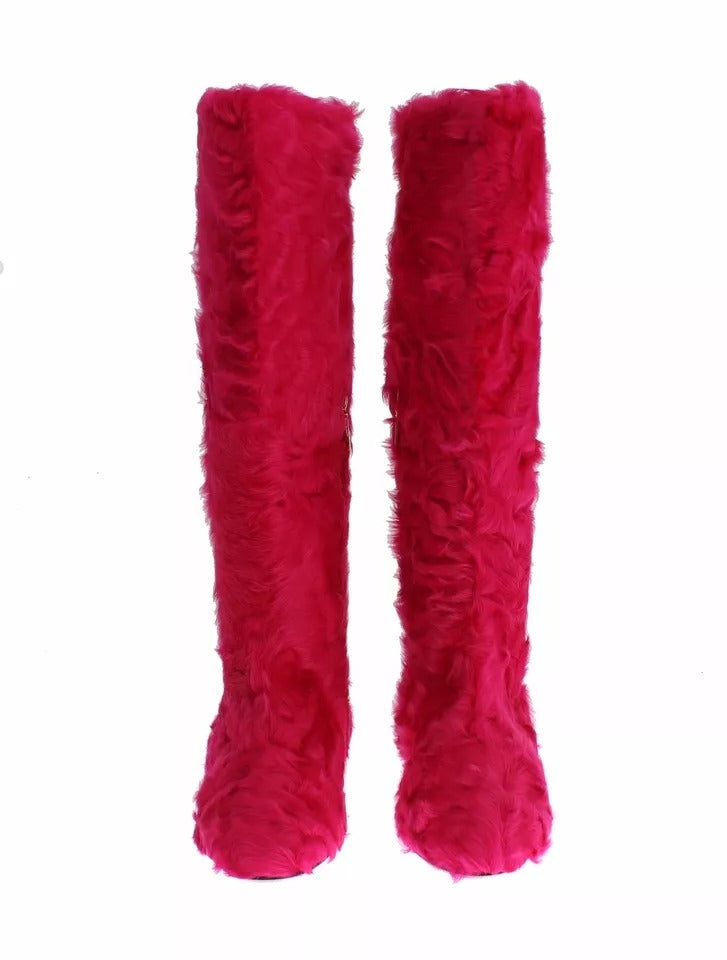 Dolce & Gabbana Pink Lamb Fur Leather Flat Boots Shoes