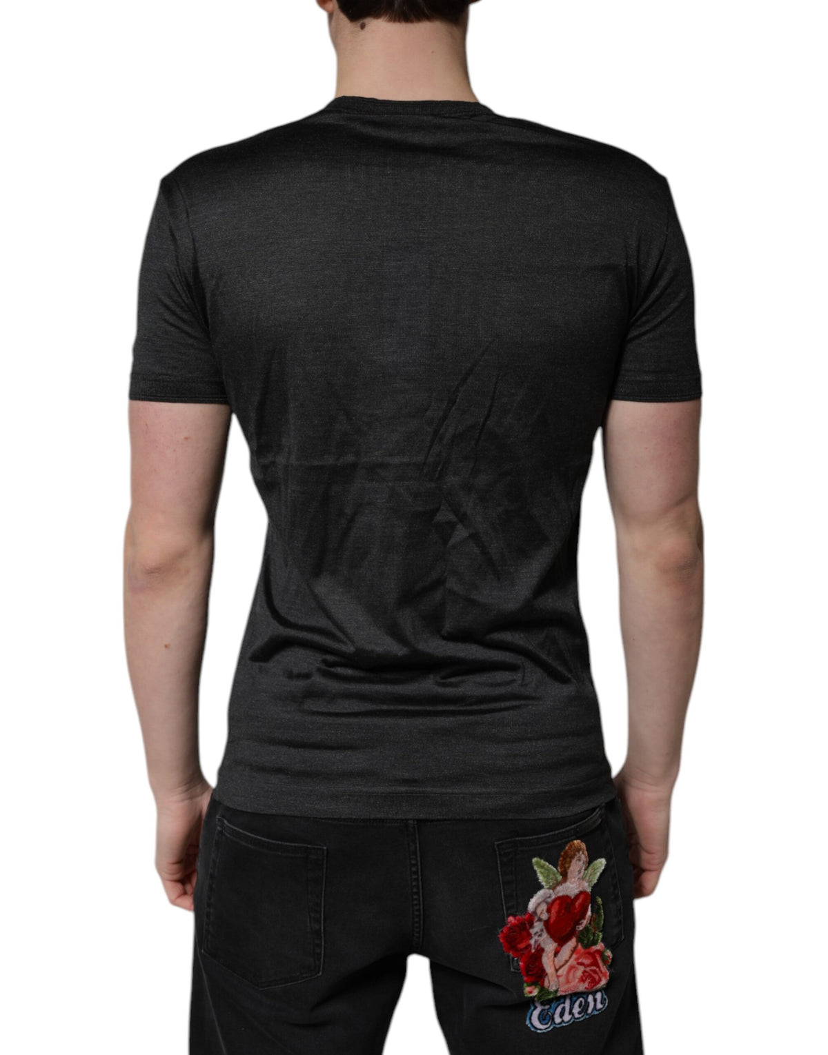 Dolce & Gabbana Dark Gray Silk V-neck Short Sleeves T-shirt