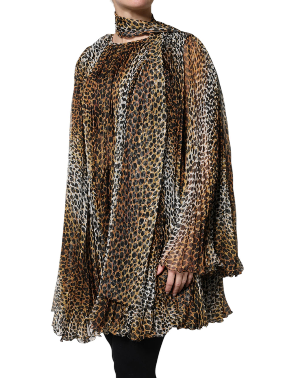 Dolce & Gabbana Brown Leopard Print Scarf Collared Chiffon Dress