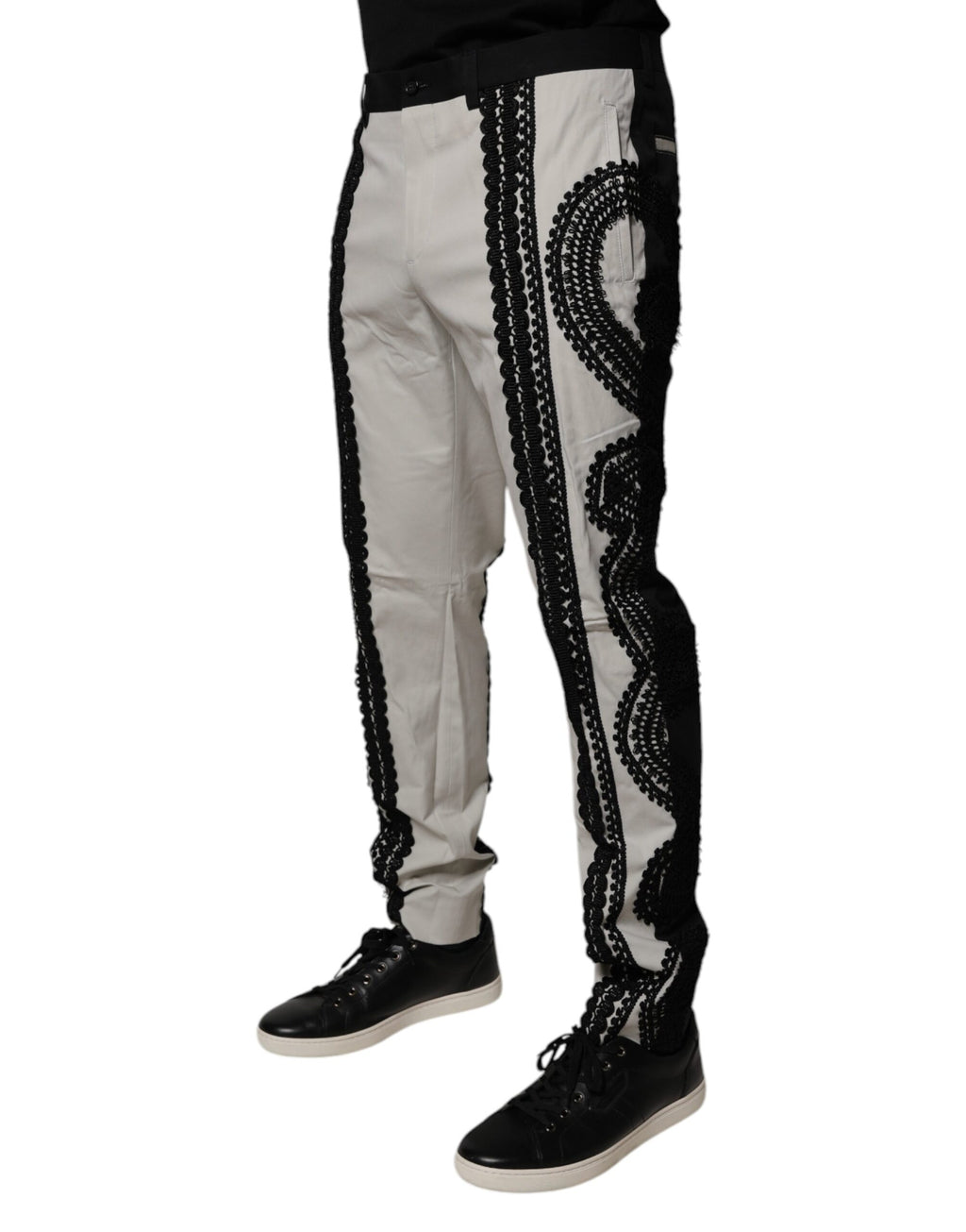Dolce & Gabbana White Lace Trim Mid Waist Dress Formal Pants