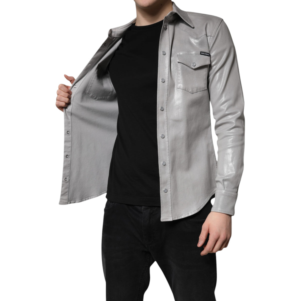 Dolce & Gabbana Metallic Gray Cotton Button Down Shirt