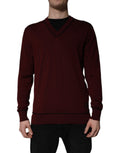 Dolce & Gabbana Maroon Cashmere V-neck Men Pullover Sweater