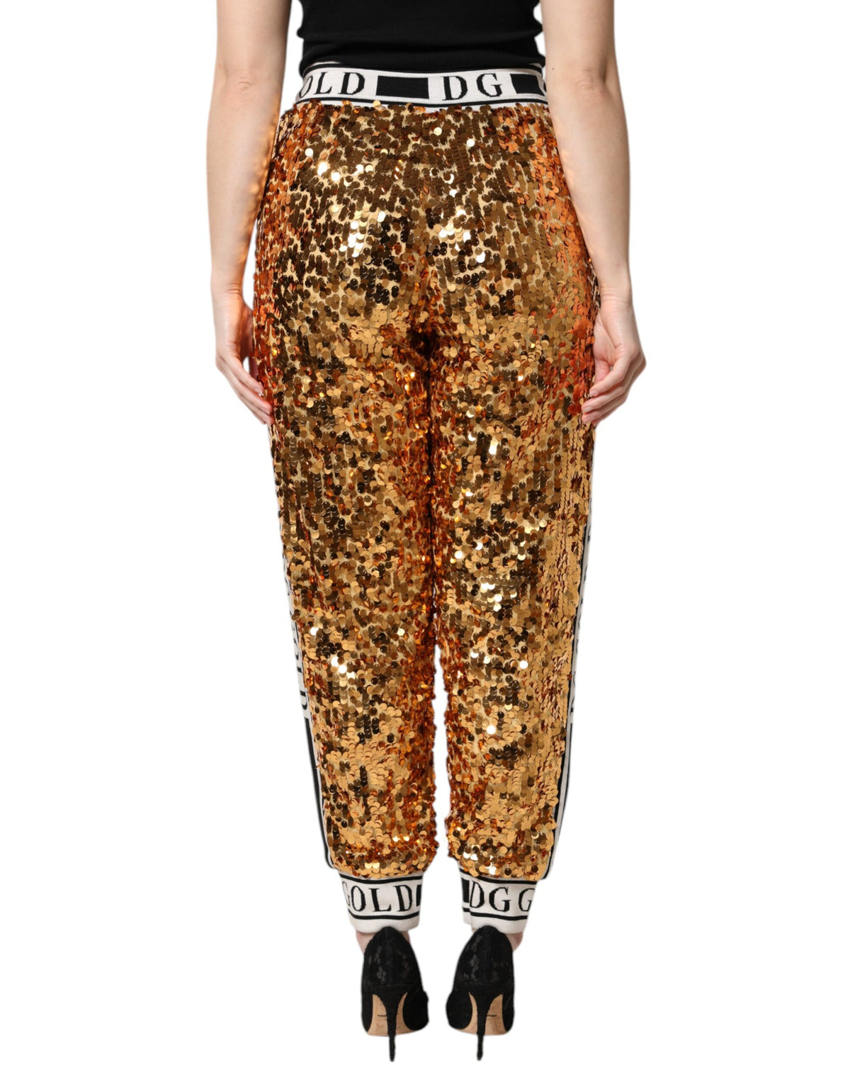Dolce & Gabbana Metallic Gold DG Logo Sequined Jogger Pants