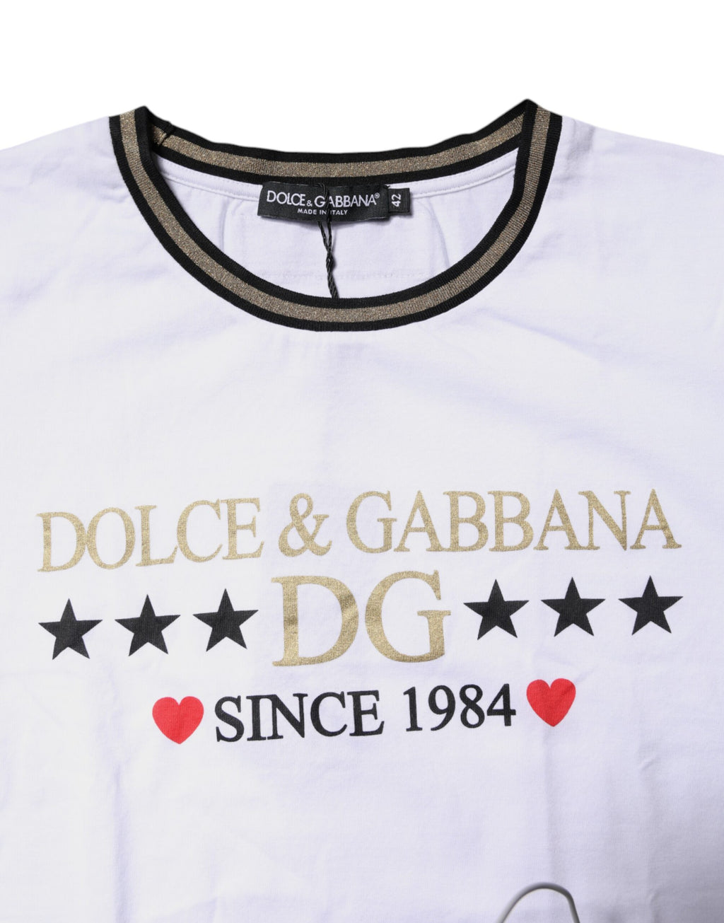 Dolce & Gabbana White Printed Round Neck Top Cotton T-shirt