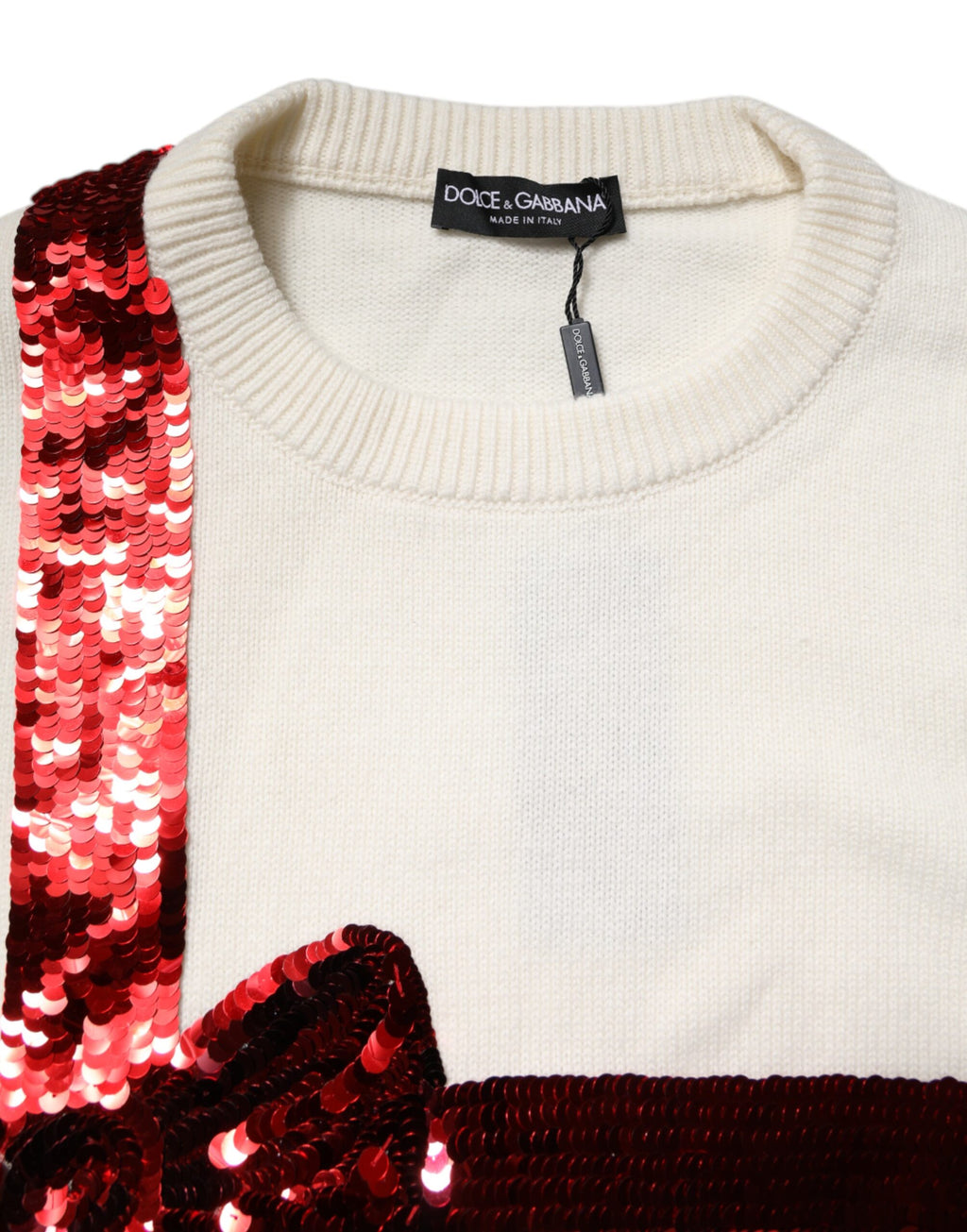 Dolce & Gabbana White Sequined Crew Neck Pullover Sweater