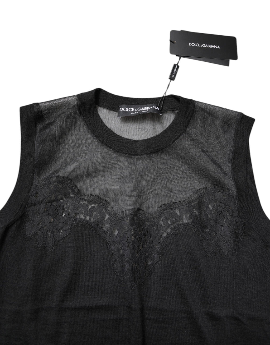 Dolce & Gabbana Black Lace Sheer Crew Neck Sleeveless Top