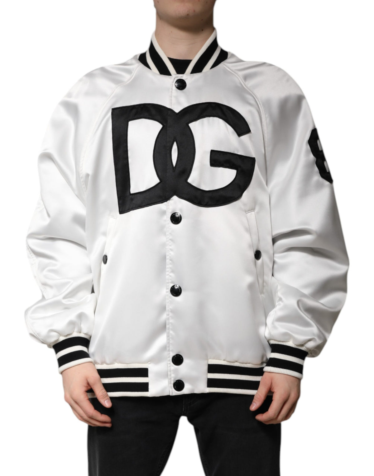 Dolce & Gabbana White DG Logo Polyester Jersey Bomber Jacket