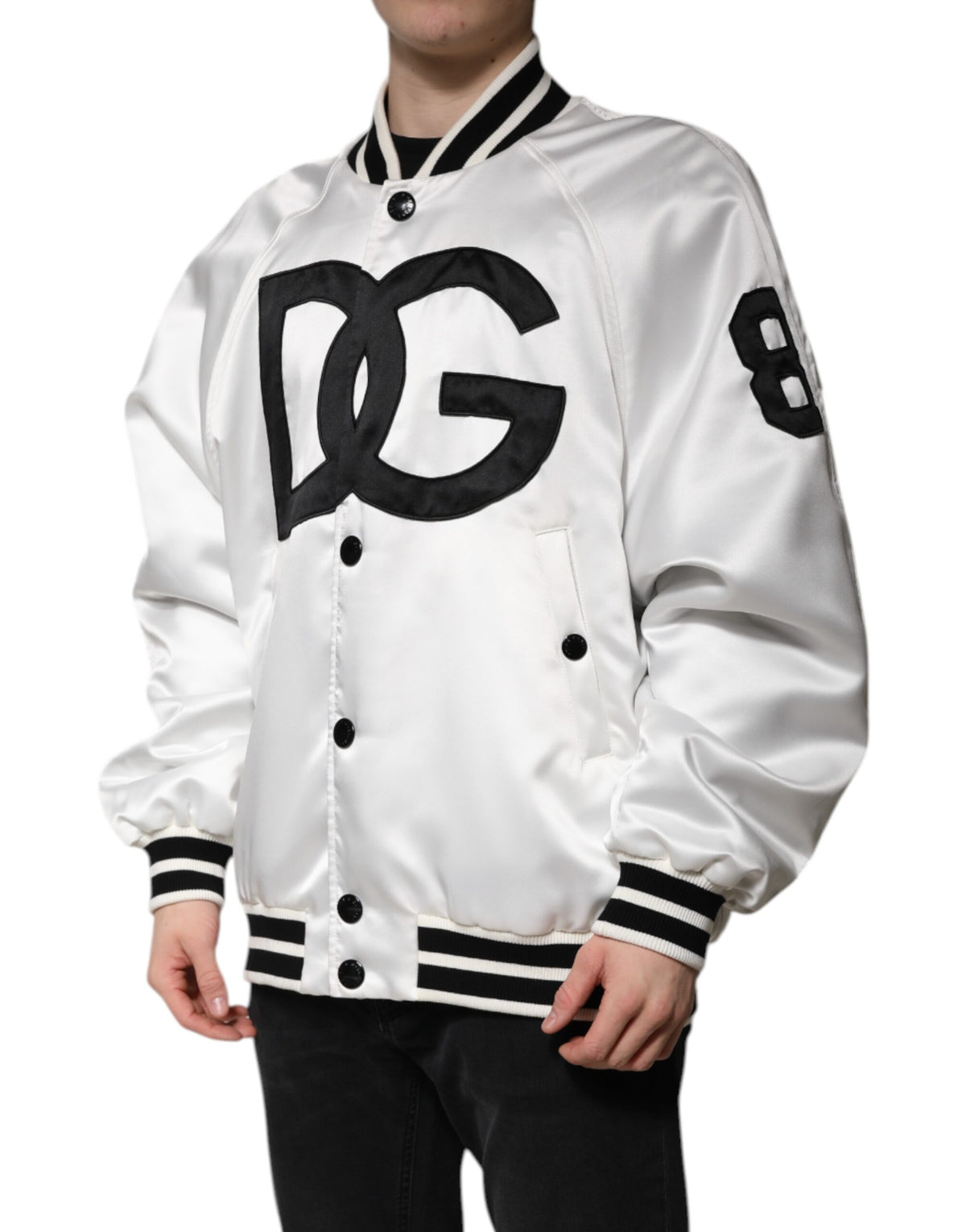 Dolce & Gabbana White DG Logo Polyester Jersey Bomber Jacket