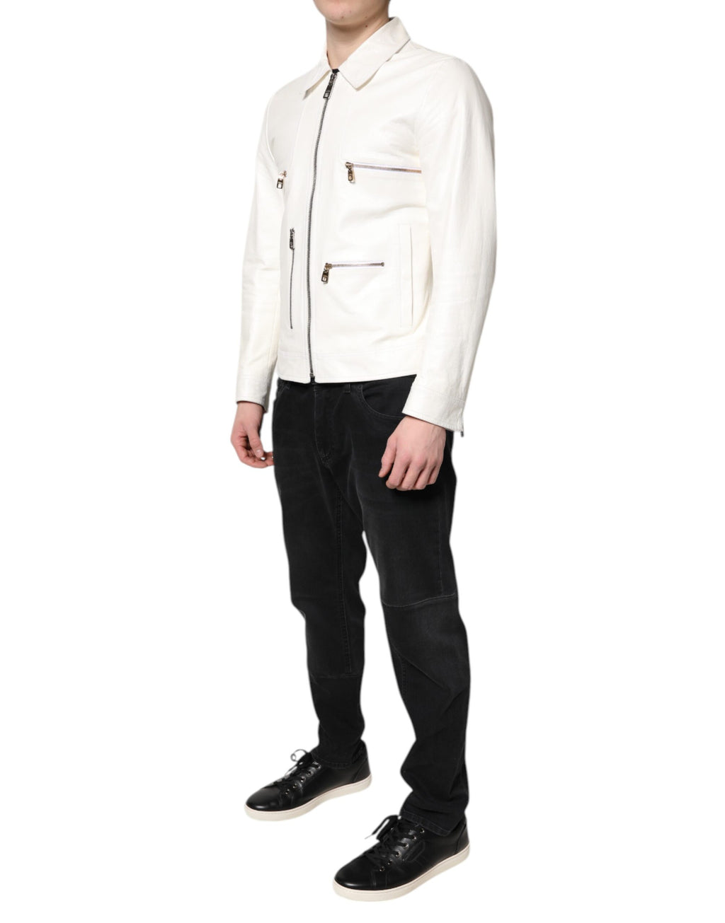 Dolce & Gabbana White Collared Full Zip Biker Coat Jacket