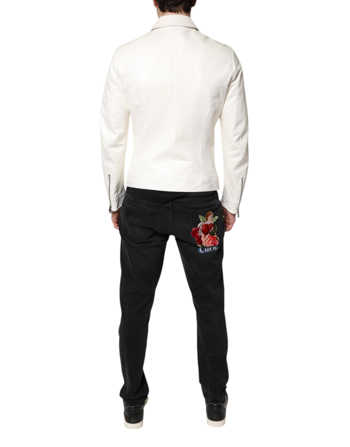 Dolce & Gabbana White Collared Full Zip Biker Coat Jacket