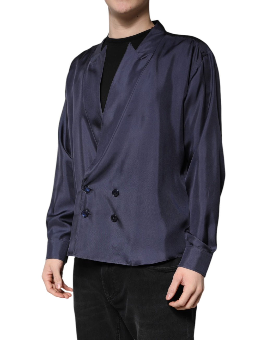 Dolce & Gabbana Dark Blue Silk Double Breasted Shirt