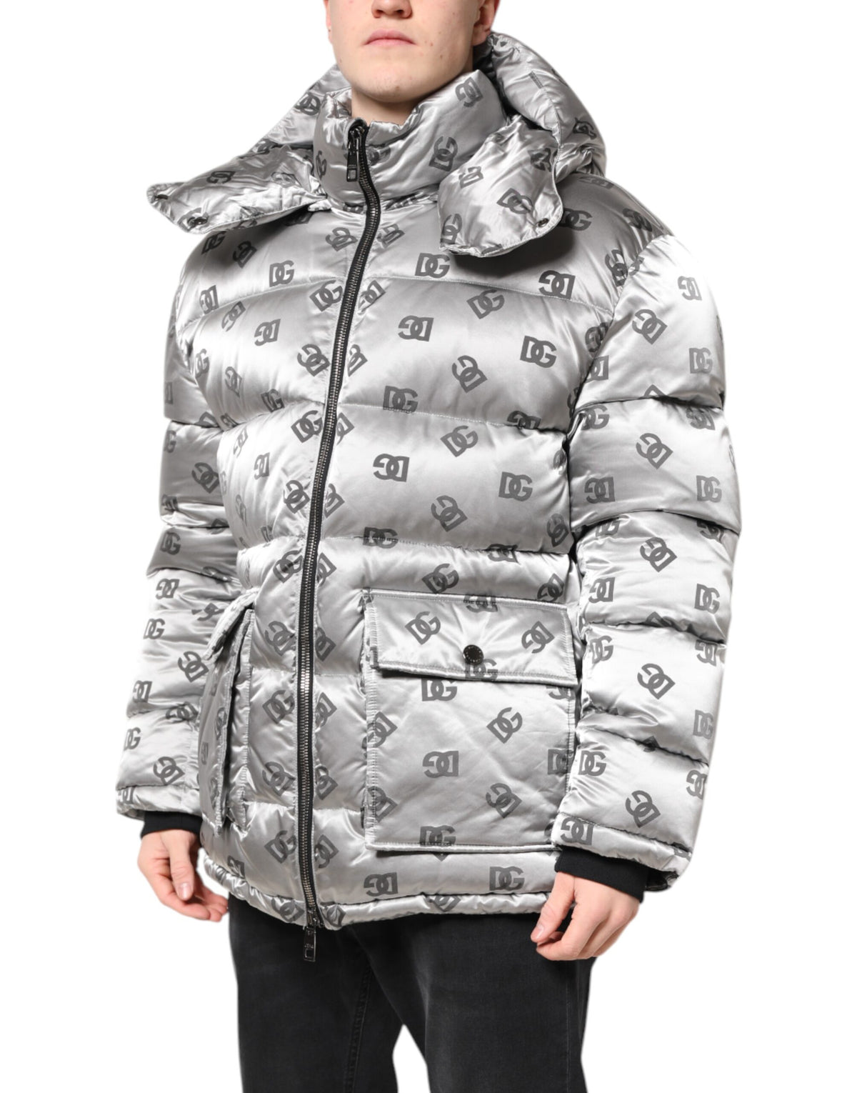 Dolce & Gabbana Silver Logo Full Zip Hooded Quilted Jacket