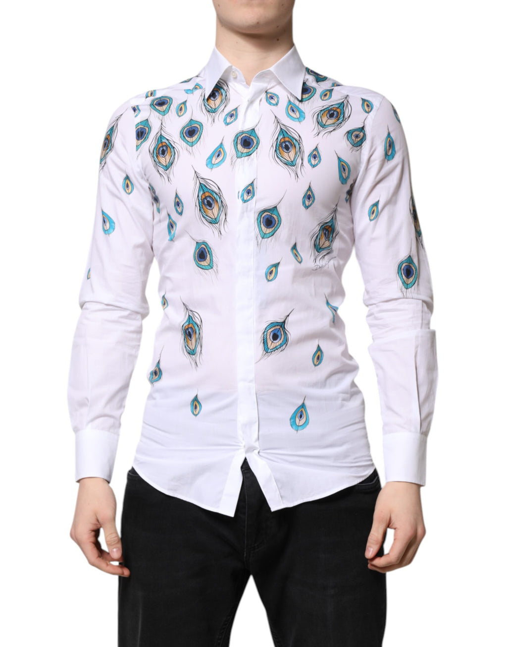 Dolce & Gabbana White Cotton Feather Print GOLD Dress Shirt