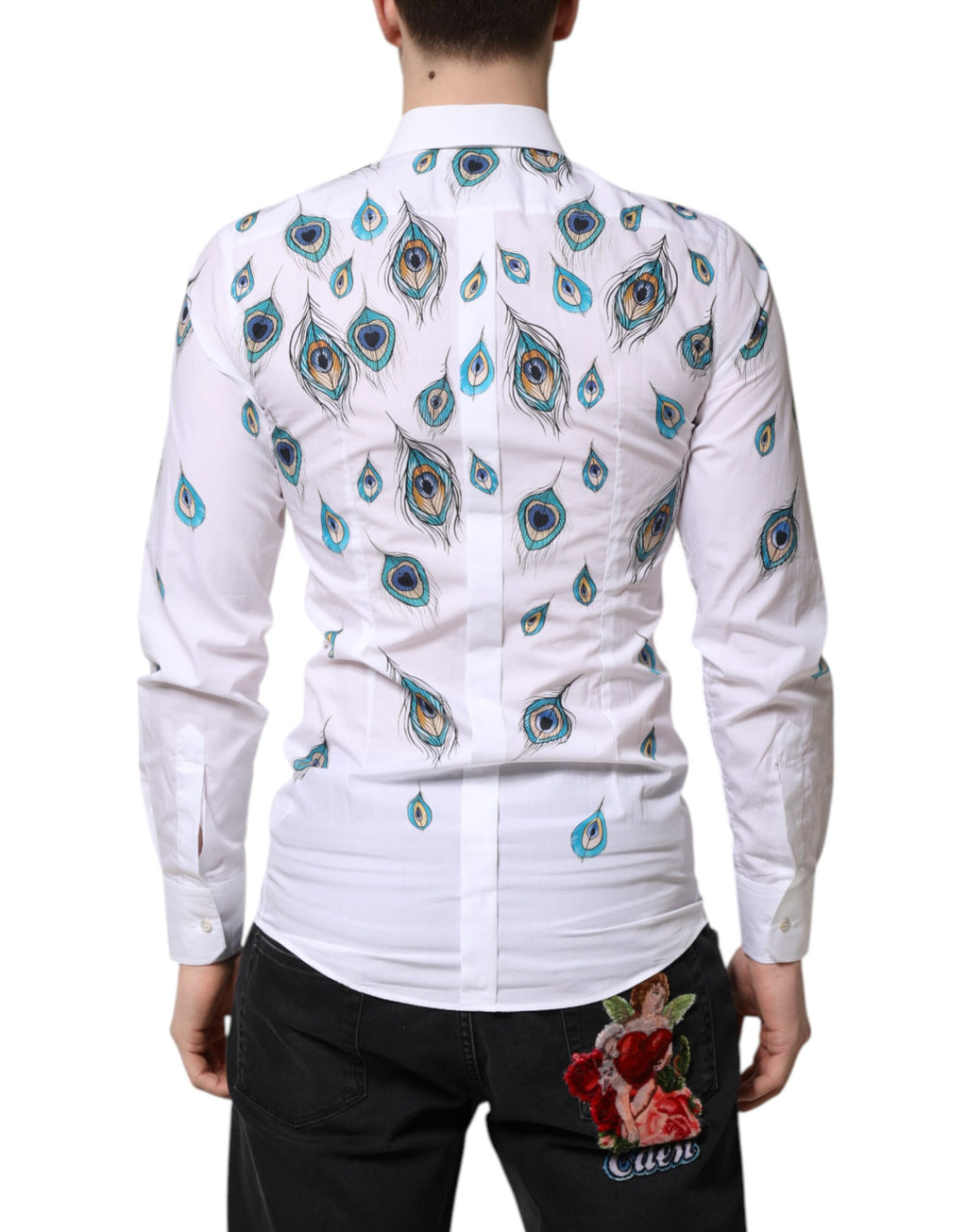 Dolce & Gabbana White Cotton Feather Print GOLD Dress Shirt