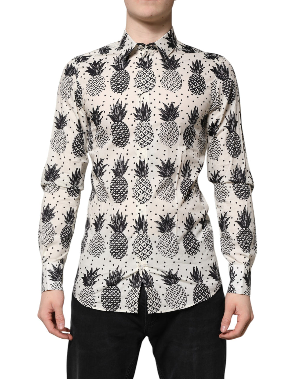 Dolce & Gabbana White Pineapple Print Long Sleeve GOLD Shirt