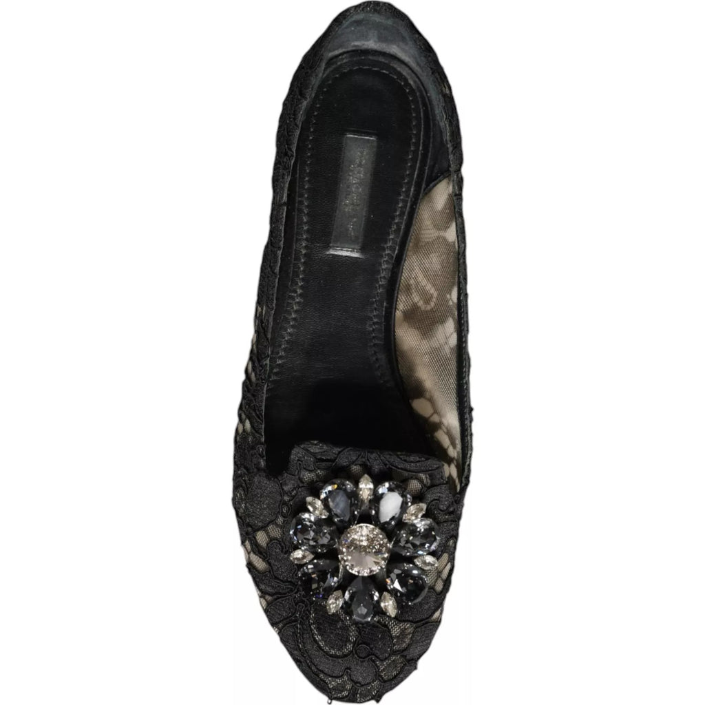 Dolce & Gabbana Black Lace Crystal Ballet Flats Loafer Shoes