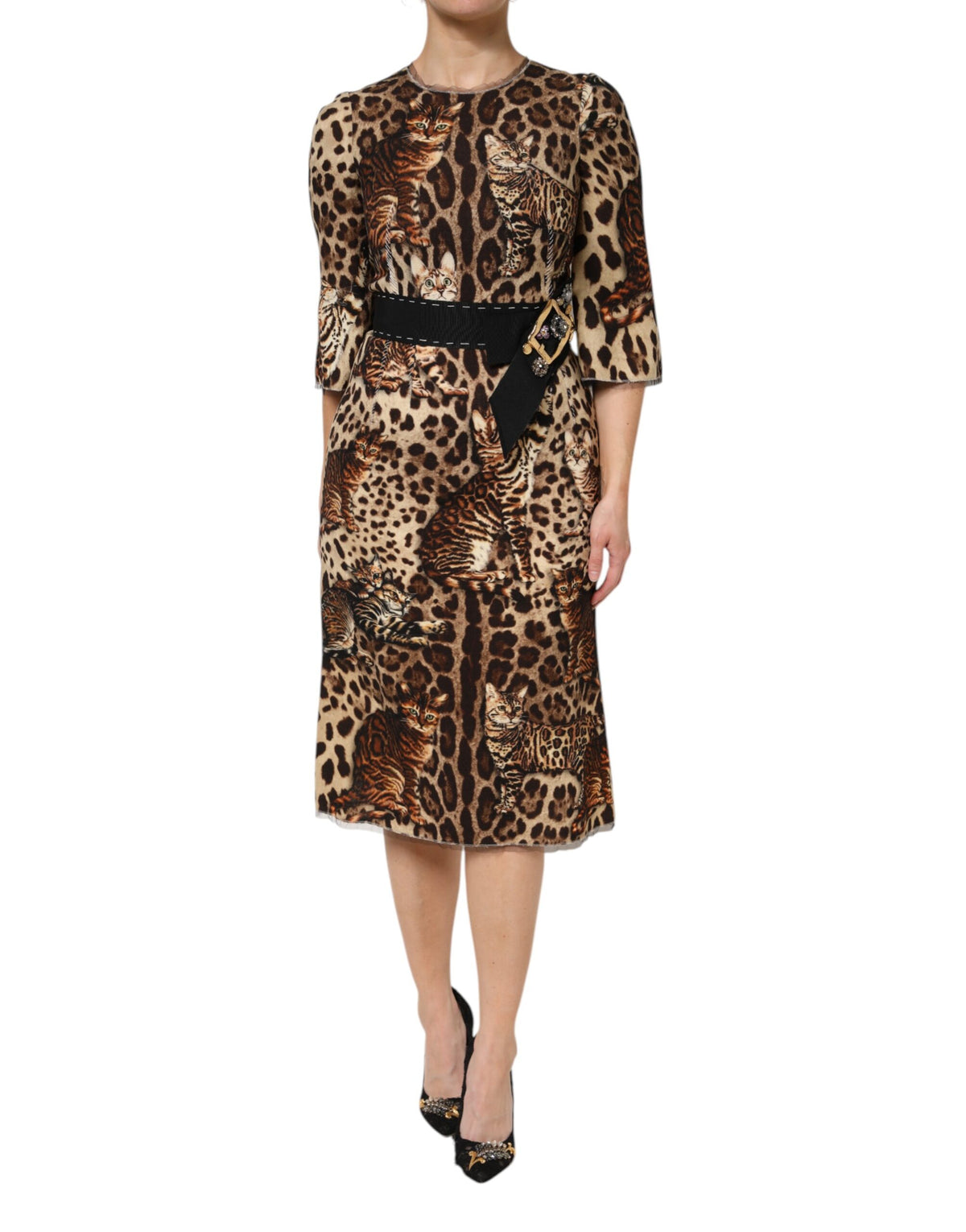 Dolce & Gabbana Brown Leopard Print Belted A-line Midi Dress