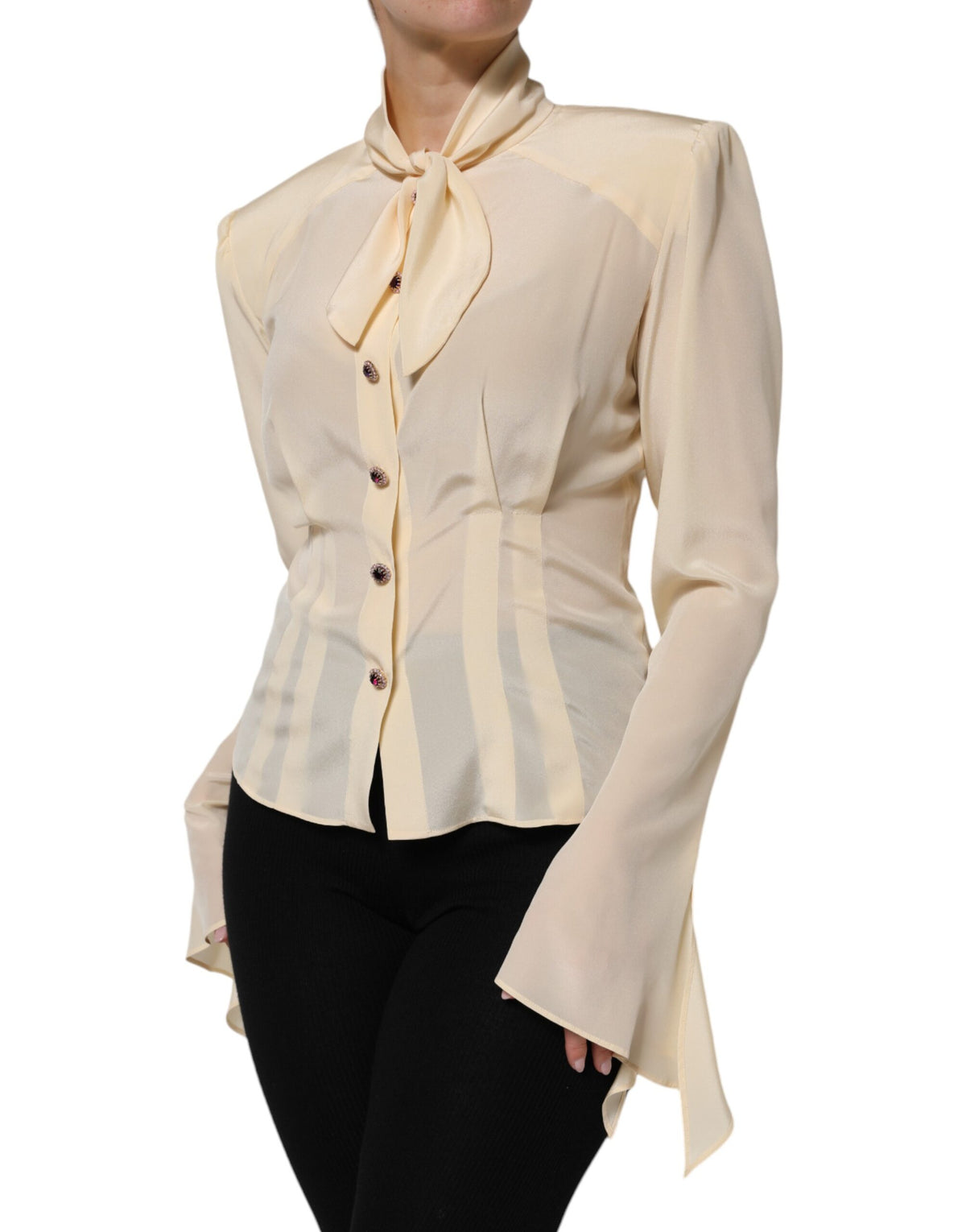 Dolce & Gabbana Light Yellow Silk Ascot Collared Blouse Top