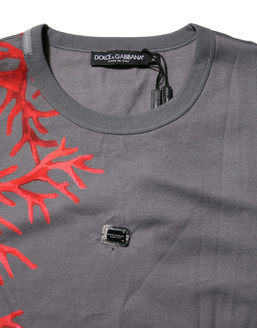 Dolce & Gabbana Gray Cotton Coral Print Logo Plaque T-shirt