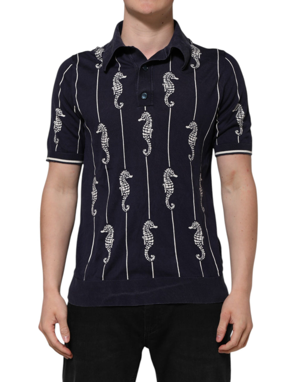 Dolce & Gabbana Dark Blue Sea Horse Collared Polo T-shirt