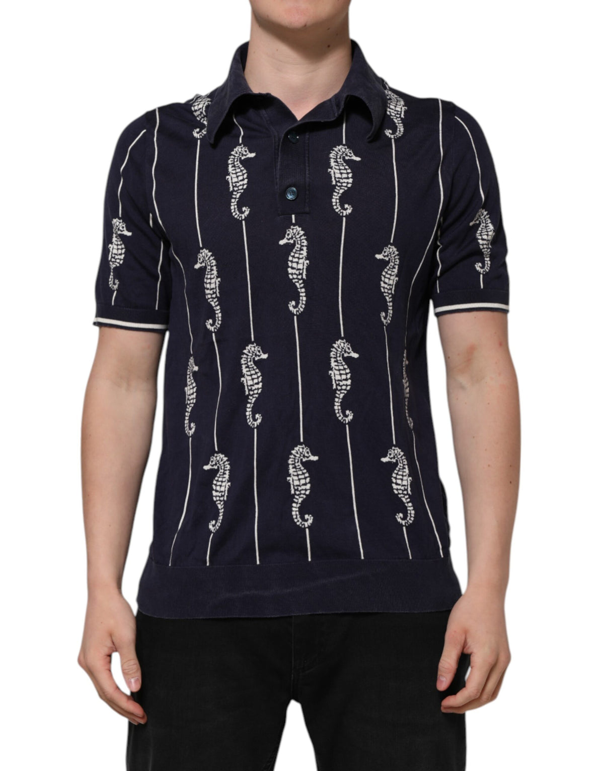 Dolce & Gabbana Dark Blue Sea Horse Collared Polo T-shirt