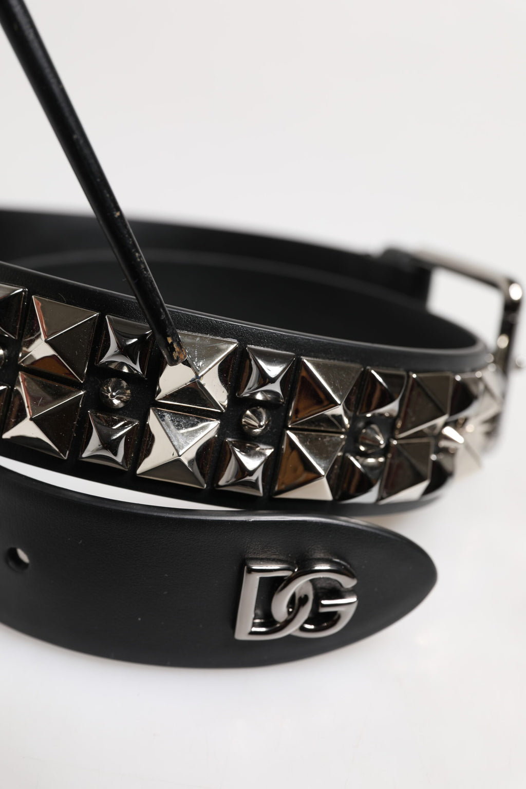 Dolce & Gabbana Black Leather Studded DG Metal Buckle Belt