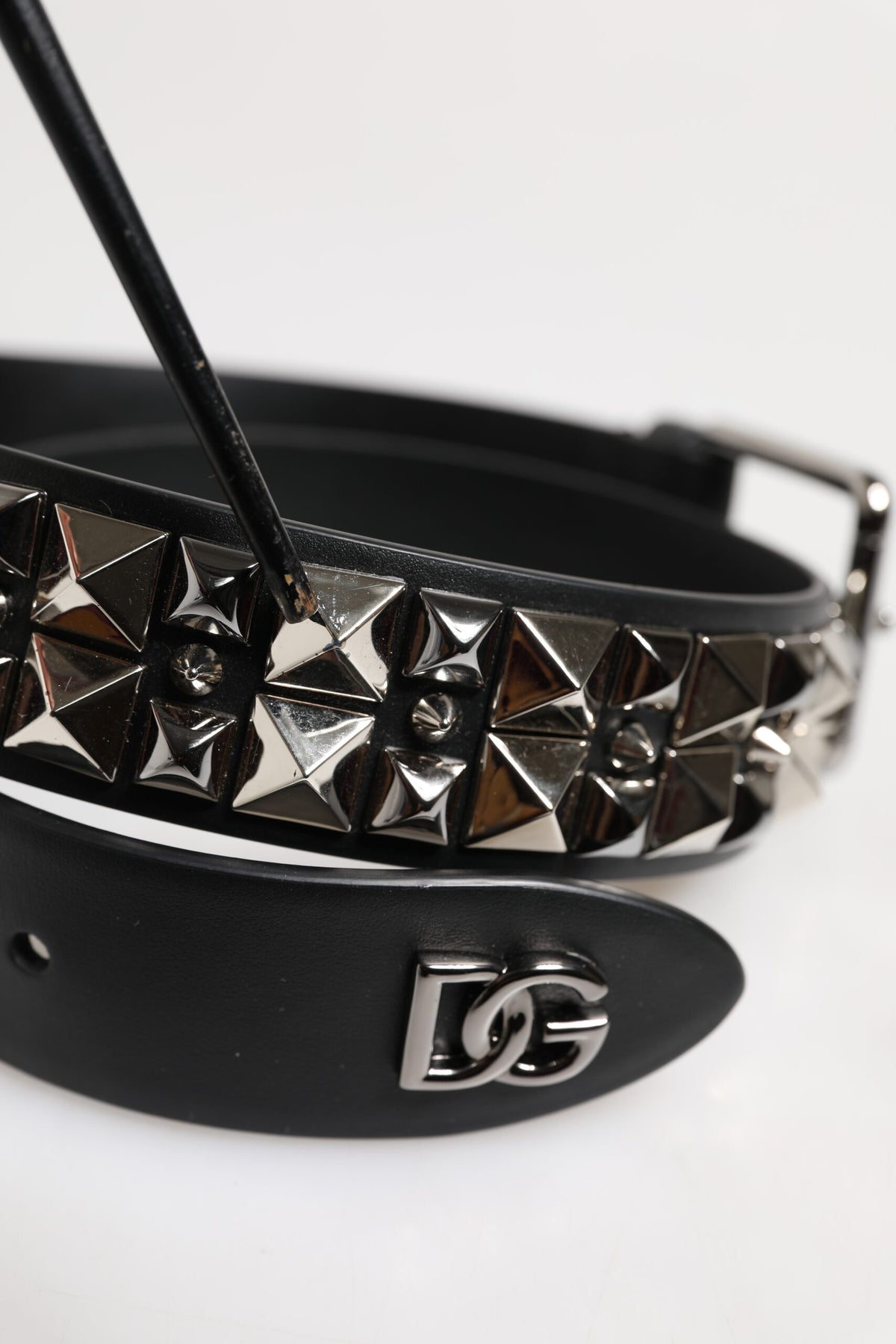 Dolce & Gabbana Black Leather Studded DG Metal Buckle Belt