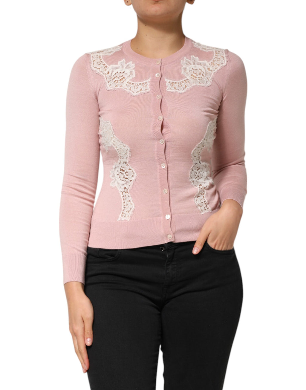 Dolce & Gabbana Pink Floral Lace Detailing Cardigan Sweater